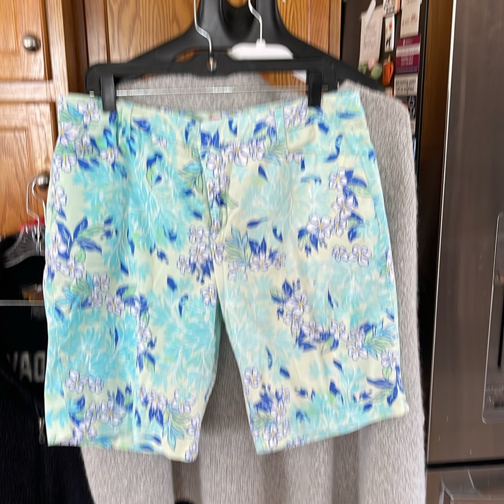 Pappagallo Petite Women Shorts Size 14P Green Blue Floral Bermuda Stretch